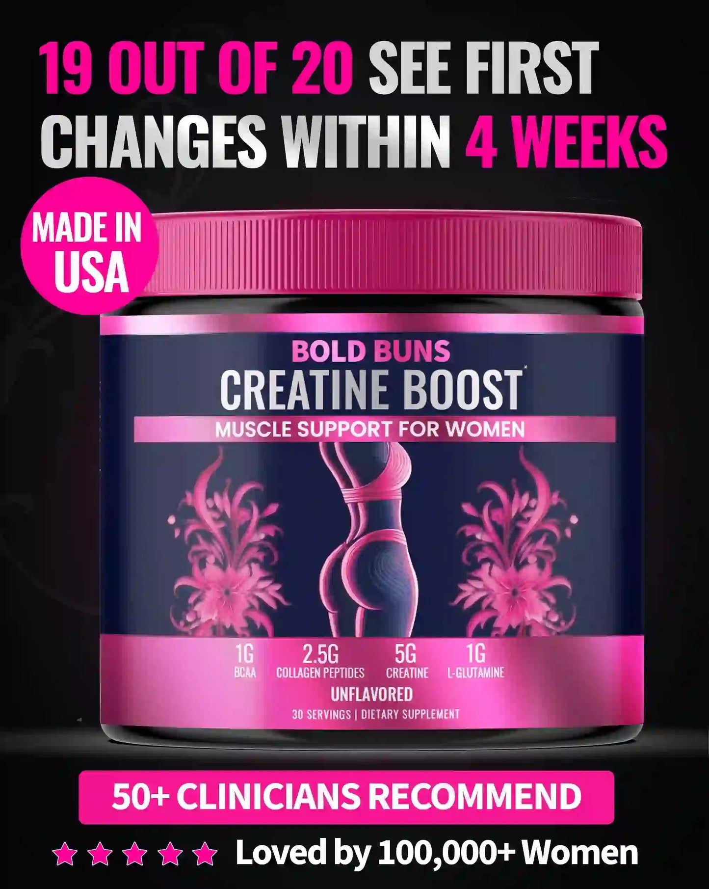 Best Selling Creatine Shape Muscle & Smooth Cellulite supplement for women with collagen peptides, BCAA, and L-glutamine in pink container.