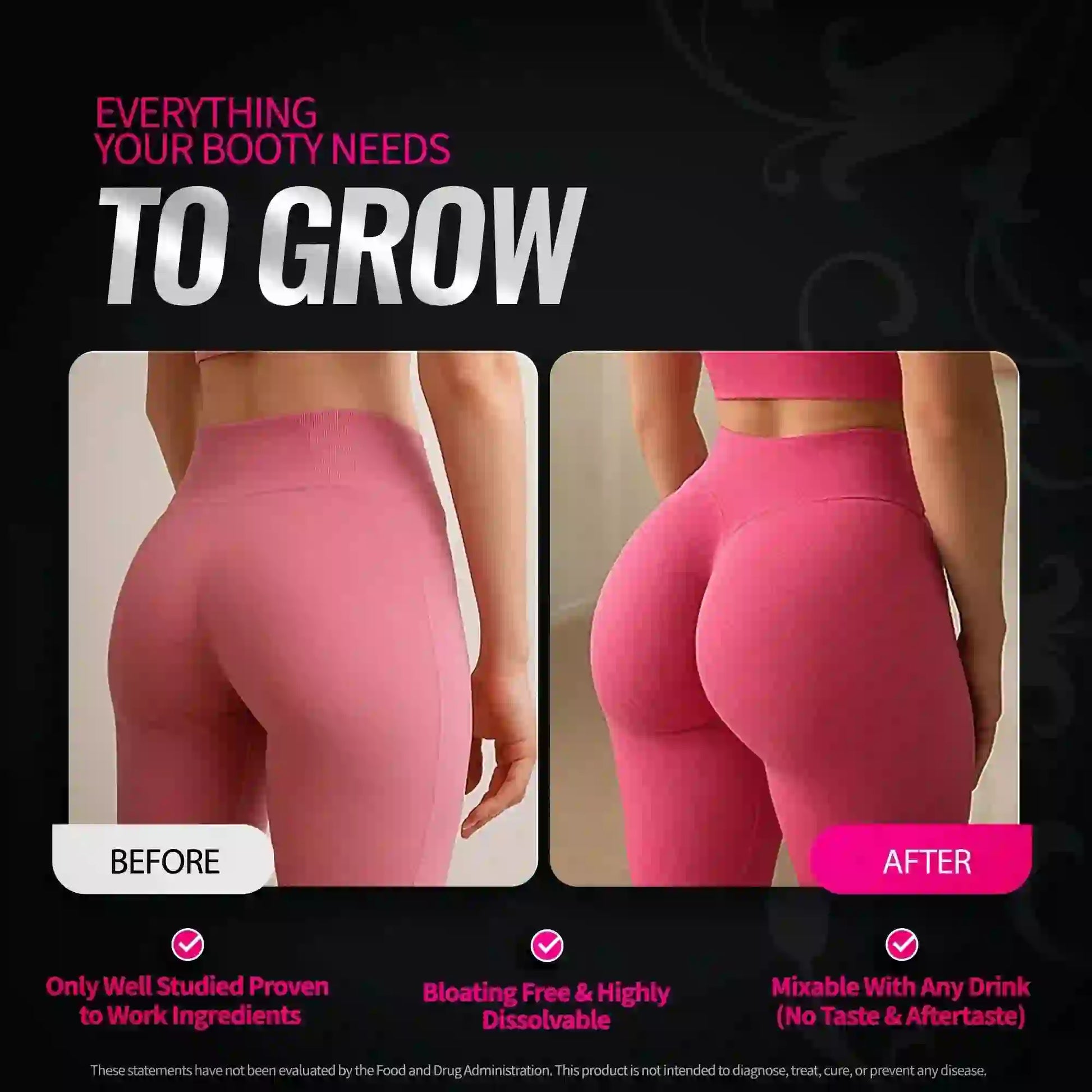  Glute growth results from Best Selling Creatine Shape Muscle & Smooth Cellulite with bloating-free and mixable formula with collagen peptides, BCAA, and L-glutamine in pink container.