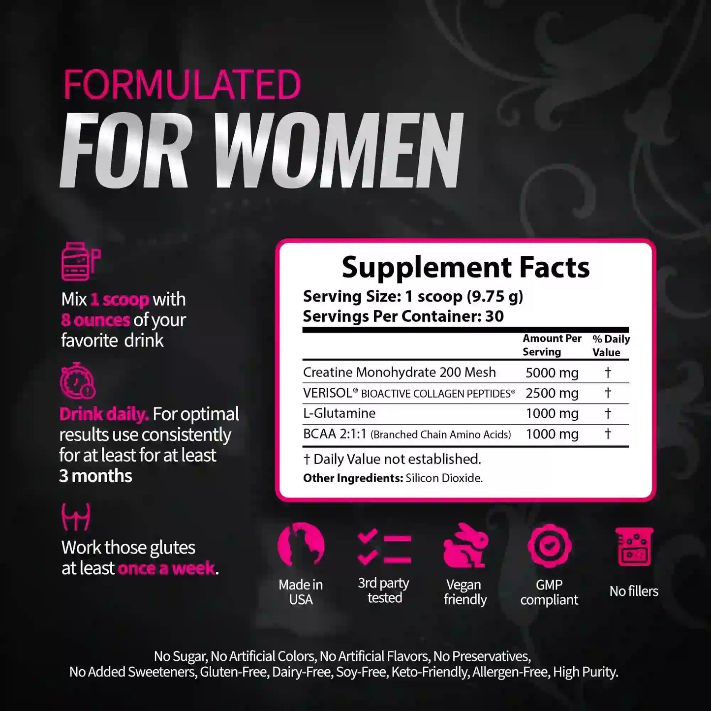Supplement facts and usage instructions for Best Selling Creatine Shape Muscle & Smooth Cellulite with 30 servings per container.